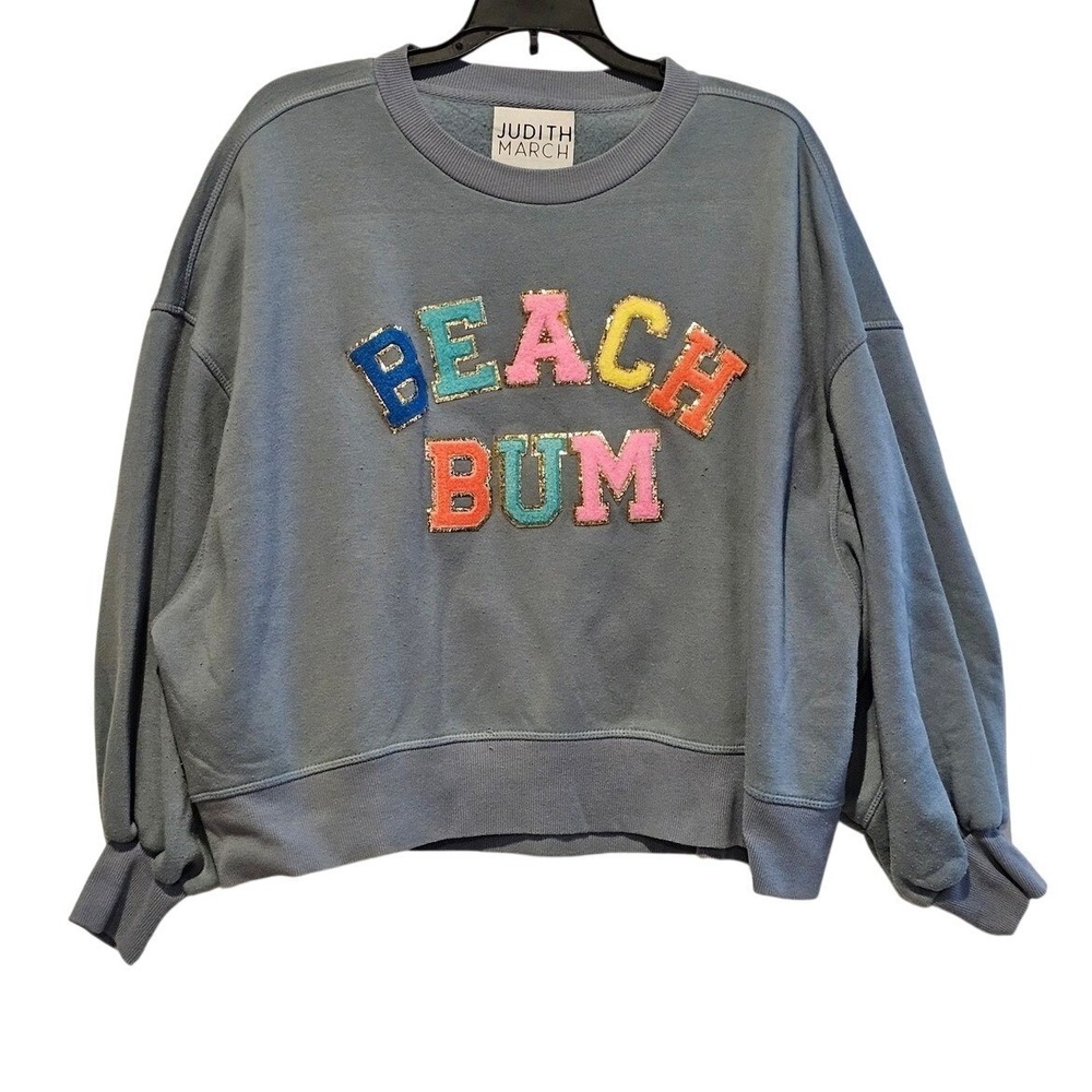Judith March Beach Bum Graphic Sweatshirt Blue Sequins Casual Pullover